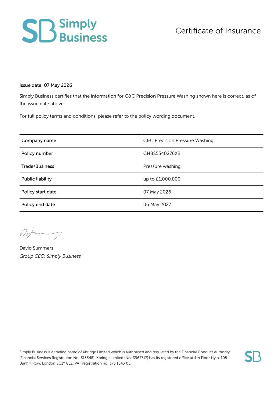 C&C Precision Pressure Washing public liability insurance certificate