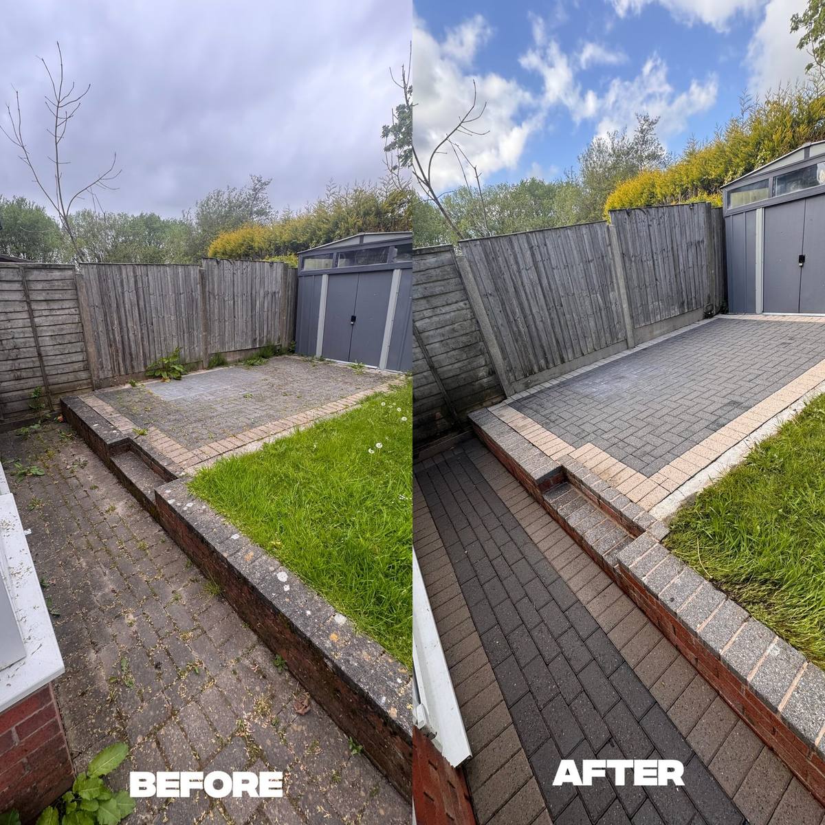 Rear block paving driveway before and after cleaning to remove moss, weeds and deep-set grime