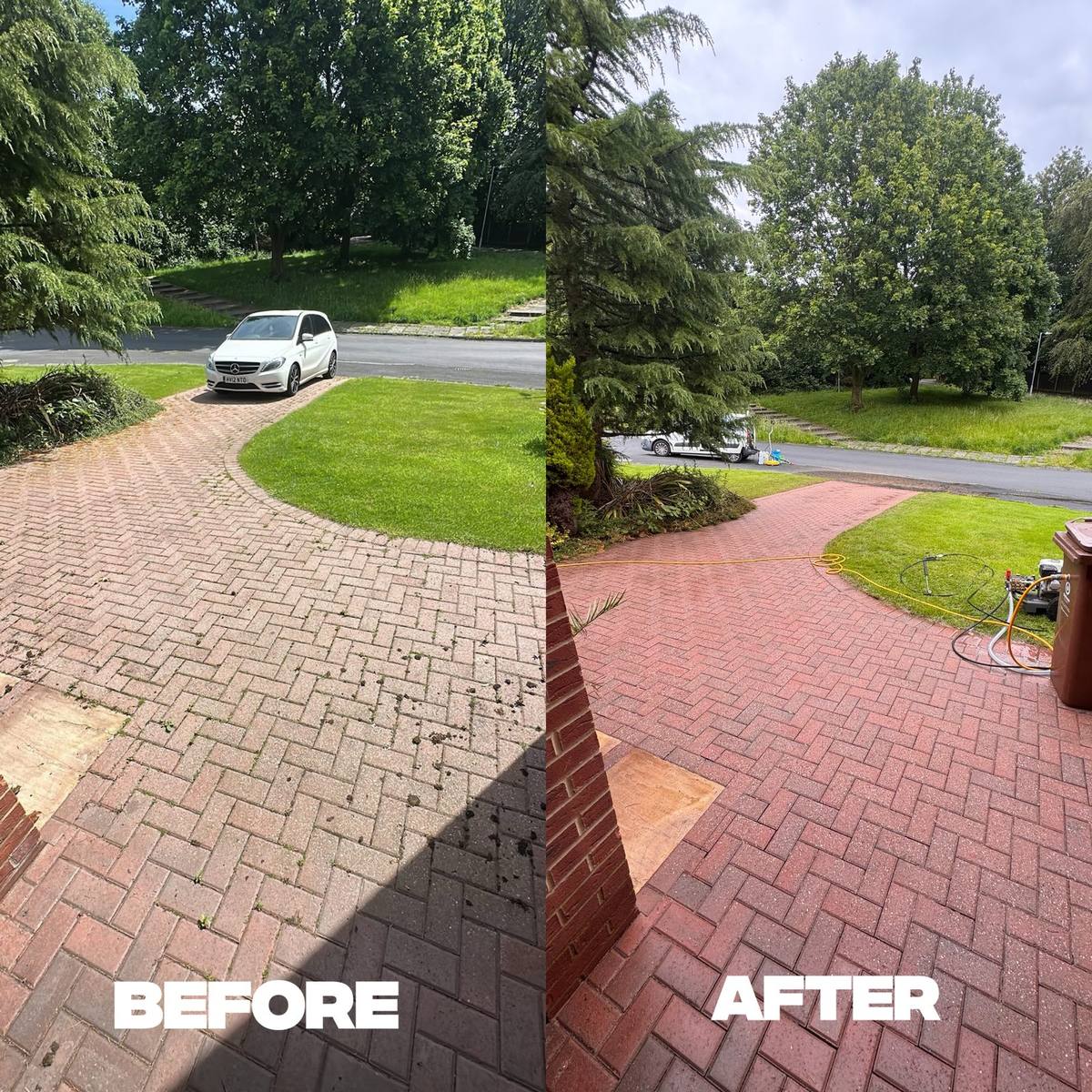 Red block paving driveway before and after restoration in Manchester — moss and dirt removed by C&C Precision