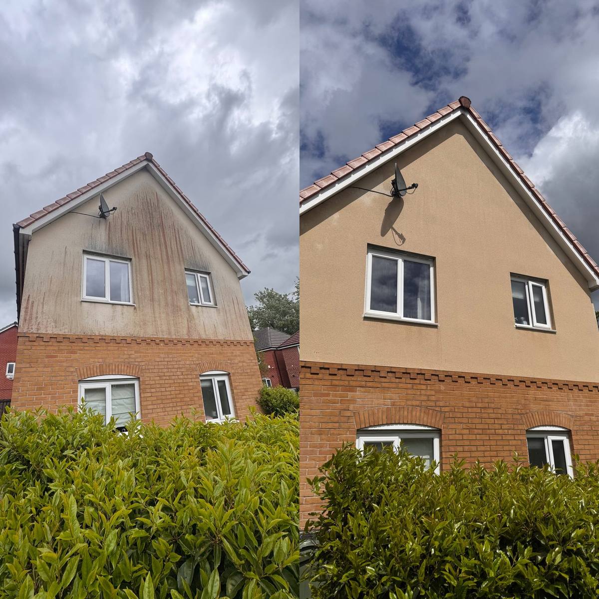 Rendered house front before and after softwashing — pressure washing vs soft washing comparison on K-Rend render with red algae