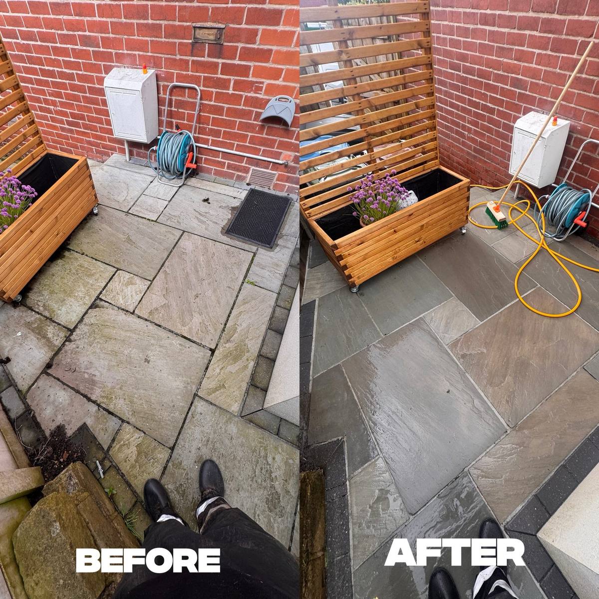 Indian sandstone patio before and after professional cleaning, showing typical patio cleaning costs results in Greater Manchester