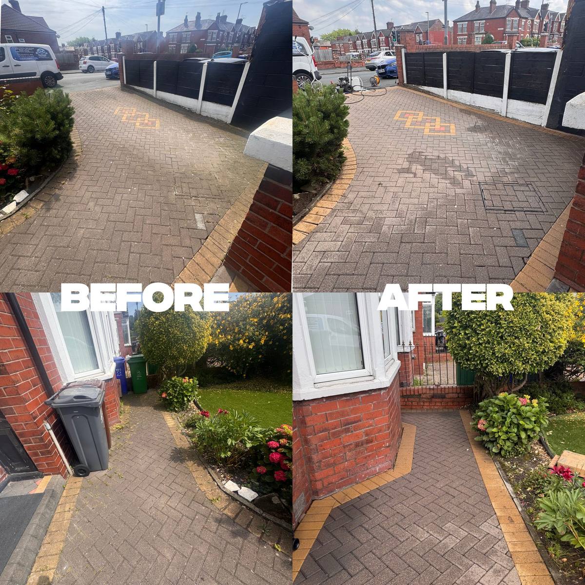 Wide driveway before and after professional pressure washing showing driveway cleaning cost results