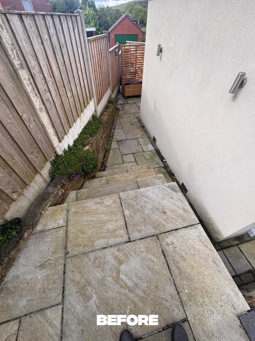 Side view porcelain patio before cleaning