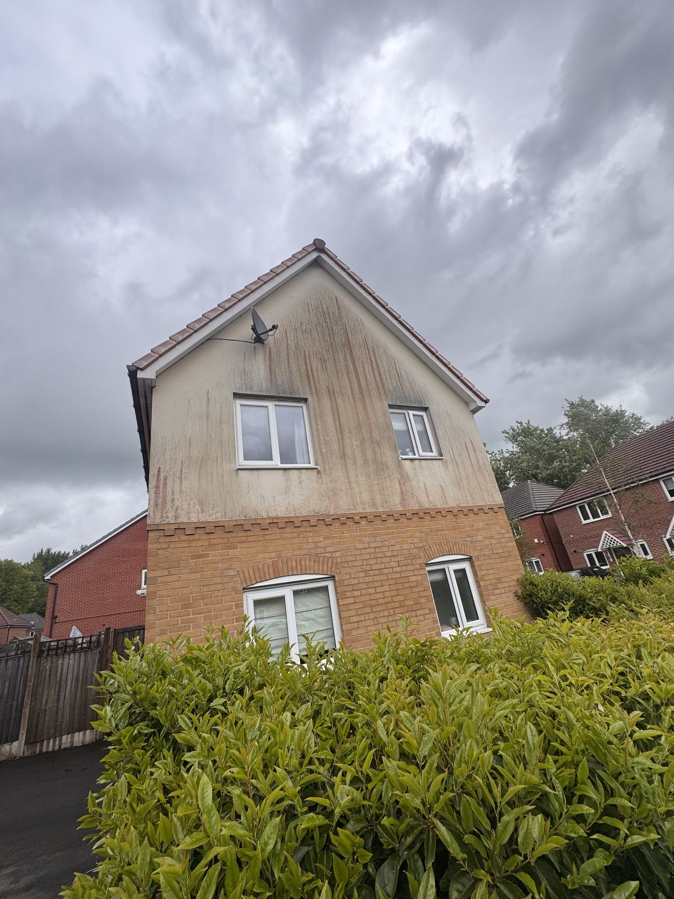 Detached house render before cleaning — black algae and rust staining on monocouche render